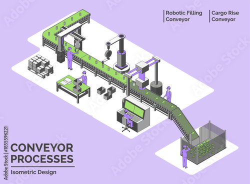 Cartoon Color Conveyor Processes Factory Concept 3d Isometric View Line Elements Robotic Filling and Cargo Rise Conveyor. Vector illustration