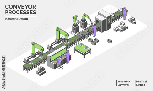 Cartoon Color Conveyor Processes Factory Concept 3d Isometric View Line Elements Box Pack Station and Assembly Conveyor . Vector illustration