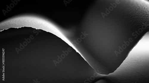 Textured paper curling upward, creating graceful wave silhouette with dramatic light shadow contrast on minimalist monochrome surface