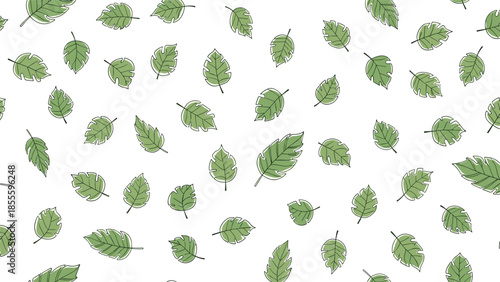 A minimalist seamless pattern of small, hand-drawn green leaves with a dashed outline effect on a clean white background.