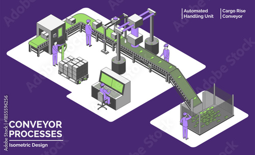 Cartoon Color Conveyor Processes Factory Concept 3d Isometric View Line Elements Automated Handling Unit and Cargo Rise Conveyor . Vector illustration