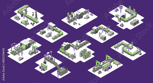 Cartoon Color Different Types Conveyor Line on a Platform Set Concept for Factory 3d Isometric View Line Elements. Vector illustration