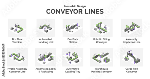 Cartoon Color Different Types Conveyor Lines Concept for Factory 3d Isometric View Line Elements. Vector illustration