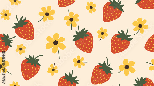 A sweet and simple seamless pattern featuring hand-drawn style red strawberries and small yellow flowers on a light cream background.