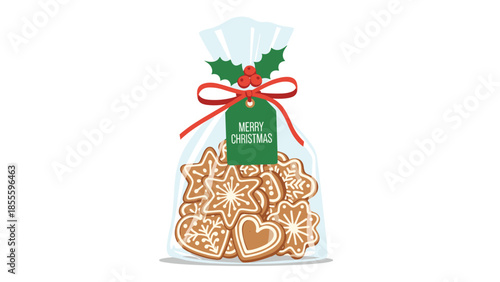 A festive cellophane bag of homemade gingerbread cookies tied with a red ribbon and a Merry Christmas tag, isolated on white.