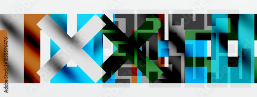 Abstract geometric shapes, vibrant colors, modern design. Bold lines create dynamic composition, digital art style.