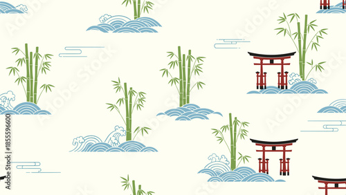 A traditional Japanese seamless pattern featuring bamboo, torii gates, and stylized ocean waves for a serene and cultural design.