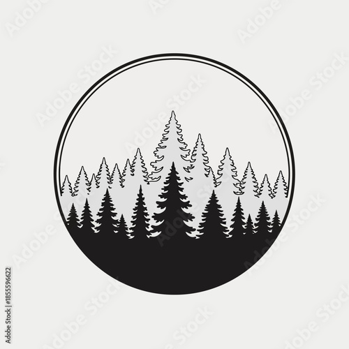Circular forest silhouette of pine trees, a natural landscape emblem symbolizing the great outdoors and environmental preservation