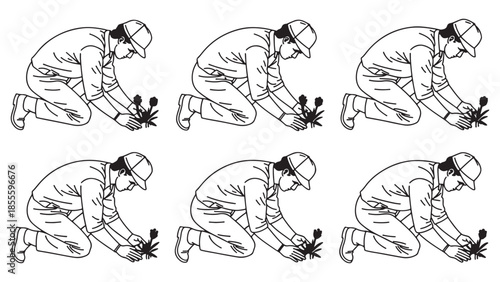 Gardener carefully tending to small plant sprouts while kneeling in an illustration demonstrating repetitive agricultural care and cultivation techniques.