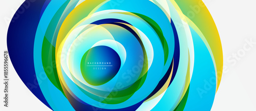 Abstract swirling shapes, vibrant colors blend. Concentric layers create dynamic visual effect. Modern design element, bright composition.