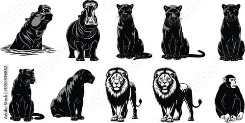 African wildlife silhouette vector illustration with lions panthers hippopotamus chimpanzee animals nature jungle safari design art concept