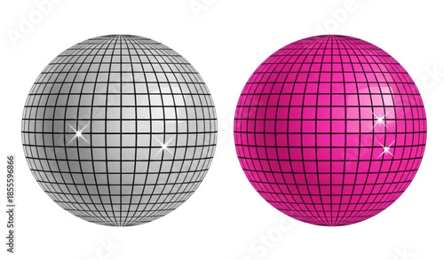 Pink and silver disco ball vector illustration with shiny mirrored spheres isolated on white background