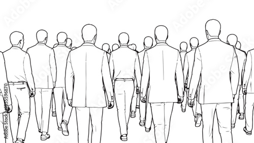 Black and white line art illustration depicting a large group of businessmen walking away from the viewer wearing formal suits and trousers in a unified movement.