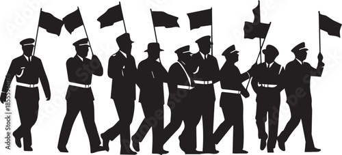 Silhouette of a marching band with flags in a parade formation