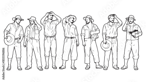 Collection of historical illustrations depicting various poses of men dressed in rustic workwear including hats and simple farming attire