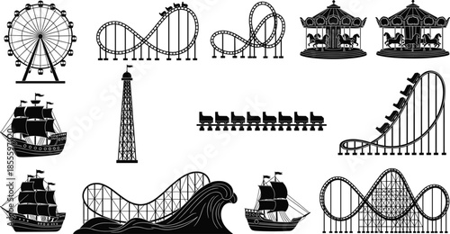 Amusement park rides silhouette vector illustration with ferris wheel, roller coasters, carousel, pirate ship, drop tower, water attraction design