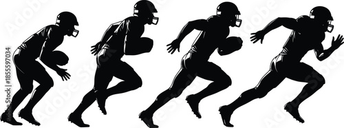 American football player running silhouette sequence showing motion stages with helmet and ball for sports training and vector design