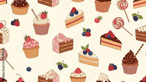 A delicious seamless pattern of assorted hand-drawn desserts including cake slices, cupcakes, lollipops, and fresh berries.