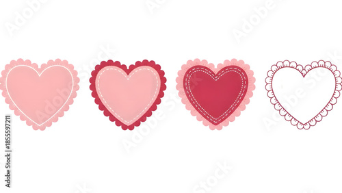Four cute pink and red heart shapes with different patterns and textures on transparent background
