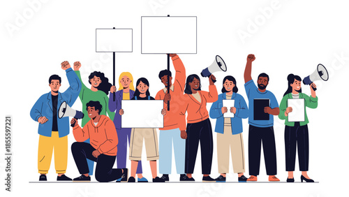 A diverse group of protesters holding blank signs and megaphones, standing together to advocate for their rights and social change.