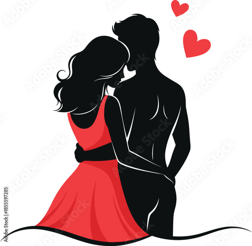 Romantic couple embracing with love hearts around