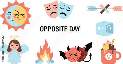 Opposite Day Concept with Symbolic Icons and Characters