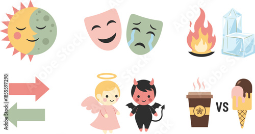 Contrasting symbols of good vs evil, joy and sorrow in modern illustrations