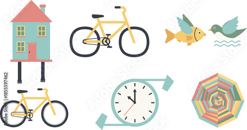 Colorful icons of house, bicycles, fish, bird, clock, and umbrella