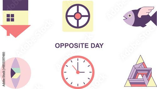 Vibrant icons on Opposite Day theme with clock and targets