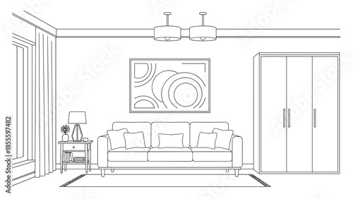 A black and white line art sketch of a modern living room interior, showing a sofa, wardrobe, and side table for coloring.