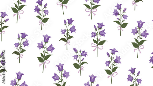 A delicate and seamless floral pattern featuring bouquets of purple bellflowers tied with pink ribbons on a clean white background.