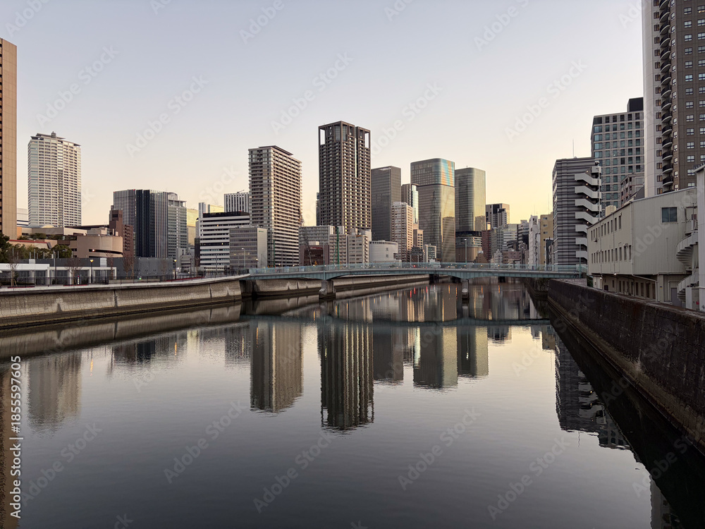 Fototapeta premium 朝の大阪のビルと運河
