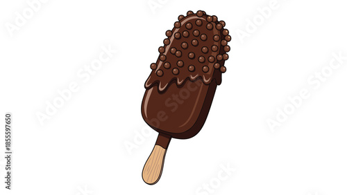A delicious-looking chocolate-covered ice cream bar with crispy chocolate balls on top, isolated on a clean white background.