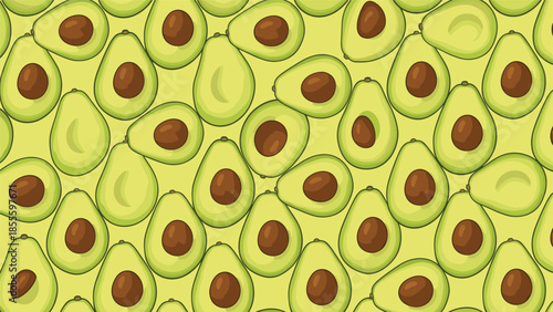 A seamless pattern of ripe avocados, whole and cut in half, creating a vibrant and healthy food background in shades of green.