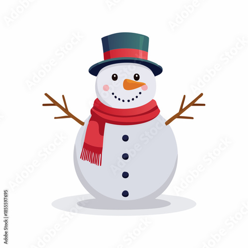 A cheerful cartoon snowman wearing a red scarf and green top hat