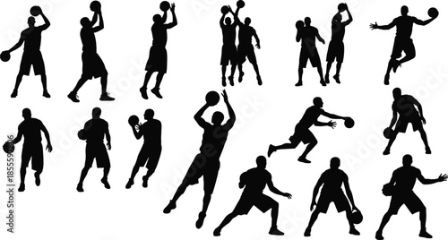 Basketball players in silhouette performing dribbling, shooting, passing, and jumping actions for sport, training, fitness, and athletic design.