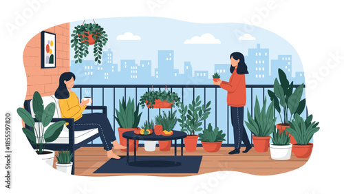 Two women relax and enjoy their hobby of urban gardening together on a beautiful city apartment balcony filled with lush plants.
