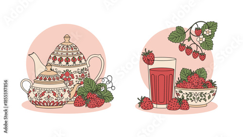 Two beautiful compositions with fresh strawberries, a vintage teapot, and a glass of juice in a delicate hand-drawn style.