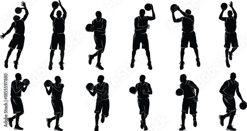 Basketball player silhouette vector illustration showing dynamic action poses including dribbling, shooting, passing, jumping, competition, training, sports design artwork