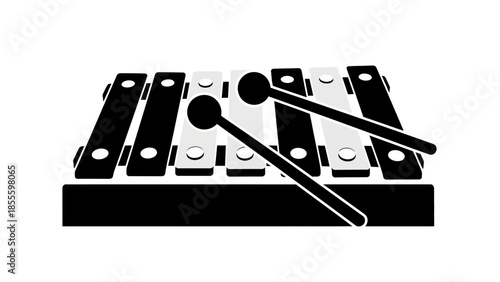 Black and white illustration of a xylophone with mallets.