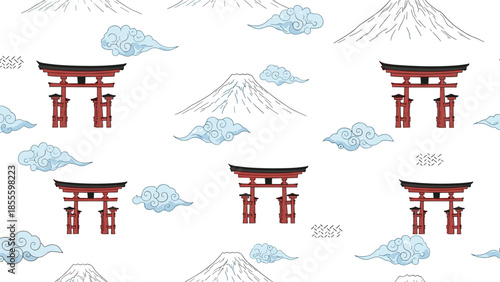 A seamless Japanese-themed pattern featuring hand-drawn sketches of Mount Fuji, torii gates, and stylistic clouds on a white background.