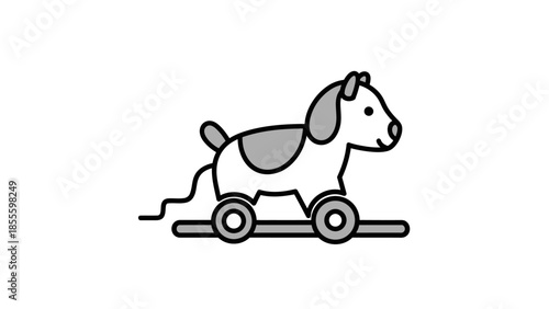 Cute cartoon dog toy on wheels illustration.