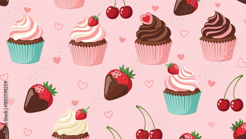 A sweet and romantic seamless pattern of various cupcakes, chocolate-dipped strawberries, and cherries on a lovely pink background.