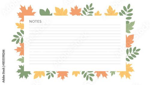 A printable notes page or planner template framed by a border of colorful autumn leaves in green, orange, and yellow.
