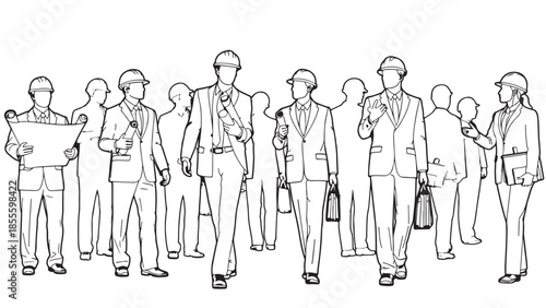 Group of diverse construction engineers and architects wearing hard hats walking forward carrying important documents and professional briefcases together