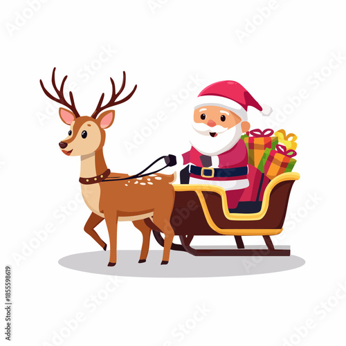 A cheerful cartoon Santa Claus riding in his sleigh pulled by a reindeer with gifts