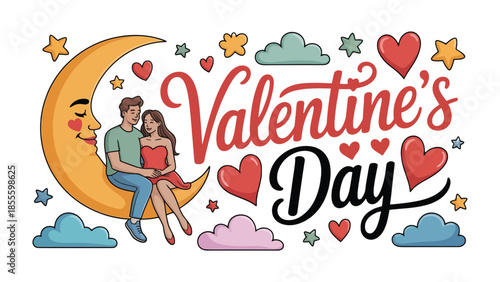 Valentine's Day Couple on the Moon: An endearing illustration featuring a couple embracing, seated upon a crescent moon, with Valentine's Day in the sky, framed by charming hearts and stars.