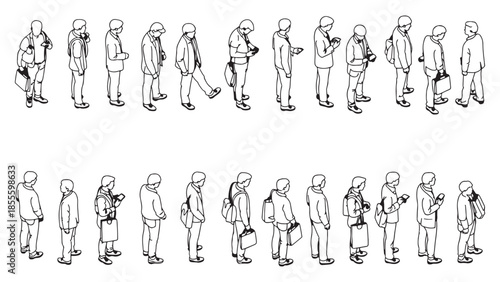 Collection of isometric line art figures depicting men waiting in line or independently interacting with smartphones and carrying various briefcases or bags.