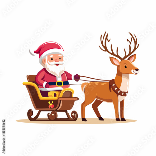 A cartoon Santa Claus riding in a brown sleigh pulled by a reindeer