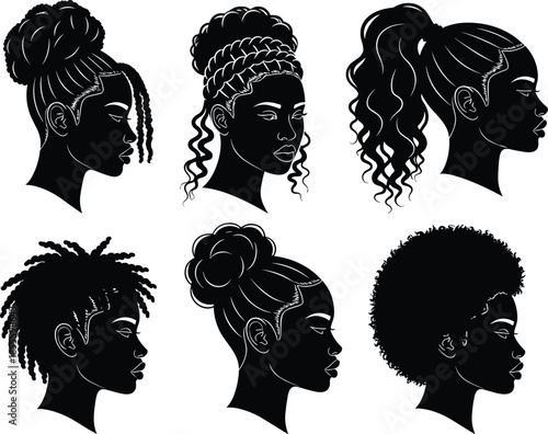 Afrocentric hairstyle silhouettes, Black hair illustration, female profile vector, cultural identity, fashion sketch, textured hair, line art, design reference, beauty diversityv